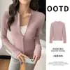 K1886 Cardigã de Lã com Zíper Duplo Outono/Inverno para Mulheres, Blusa Quente de Gola Redonda, Camiseta Básica Curta Slim-Fit