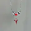 Colar Cruzado Novo Y2K Punk Tendência Gótico Coração Vermelho Transparente Asas de Morcego Cruz Cruzada Venda Direta da Fábrica