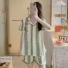 Pijama Nuevo de Fábrica para Mujer Verano Cardigan con Solapa Manga Corta Shorts Seda de Leche Lindo Dibujo Animado Conjunto para Estar en Casa