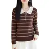 Camisa Polo de Punto Rayada para Mujer Diseño Bloque de Color Base Suelta Superior Ropa Interior para Otoño/Invierno Nuevo Estilo para el Trabajo Moda