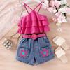 Traje de Verano Trendy para Niña Americana y Europea de Amazon Top de Tirantes con Volantes de Color Sólido Shorts de Mezclilla con Estampado Floral