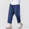 Pantalones Casuales Sueltos de Lino de Imitación Finos de Verano Talla Grande Estilo Japonés Pantalones Rectos de Nueve Puntos Retro Tendencia para Hombre Estilo Chino