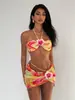 2026 Nuevo Bikini Bodycon Estampado de Espalda Descubierta con Cuello Halter Estilo Resort Europeo y Americano Conjunto de Tres Piezas Estilo Europeo y Americano Transfronterizo con Efecto Degradado