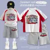 Atuendo Genial de Luchador de Cartas: Conjunto de Verano para Niños 'Dios Dragón de Fuego Dios de la Guerra' de Algodón Puro Manga Corta y Shorts - Atuendo Elegante Rey del Trueno Azul Deslumbrante