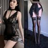Lingerie Sexy, Puro Desejo, Gola Halter, Tentação de Renda, Saia que Abraça o Quadril, Conjunto de Pijama Uniforme Feminino Transparente, Apaixonado e Não Precisa Tirar