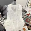 Camiseta tipo polo de punto para hombre, estilo retro americano, manga corta, con tres rayas y diseño calado, de secado rápido para verano, casual, holgada, tipo pullover