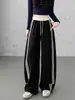 Calça listrada curva de cor contrastante para mulheres, calça longa casual solta de cintura alta para primavera e outono, calça de moletom esportiva de perna larga com forro de fleece espesso para outono e inverno
