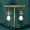 Pendientes Antiguos Estilo Palacio con Incrustaciones de Oro y Jade Hetian para Mujer, Flores Pintadas con Esmalte, Pendientes Largos Estilo Chino Forma de Gota de Agua