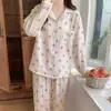Nuevo Conjunto de Pijama de Algodón Burbuja para Primavera y Otoño con Cardigan de Manga Larga y Pantalones para Mujer Color Azul con Carita Sonriente Ropa de Casa Traje de Dibujos Animados Mujer