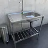 Fregadero de cocina de acero inoxidable transfronterizo del fabricante con banco de trabajo de plataforma, fregadero de una sola cubeta con soporte, lavamanos