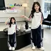 Conjunto Esportivo de Verão Fino com Manga Curta para Meninas, Roupa Casual Elegante de Verão para Crianças Maiores, Conjunto Completo Estilo Coreano com Blocos de Cor para Estudantes