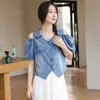Toma Real del Nuevo Top de Mezclilla Retro Estilo Coreano con un Diseño Único, Suave y Elegante en Azul