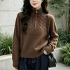 Nuevo cárdigan de punto trenzado con cuello alto y media cremallera transfronterizo para mujer, otoño e invierno, talla grande, suéter abrigo holgado y adelgazante