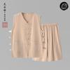 Colete de Algodão e Linho de Verão Masculino Roupa Tang Colete Vintage Hanfu Roupa Magua Camiseta de Linho Chinesa Colete Shorts