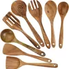 Espátula Pequeña de Madera de Acacia, Espátula de Madera para Sartén Antiadherente, Cuchara Sopera de Madera con Mango Largo, Cuchara Pequeña de Madera para Arroz, Juego de Espumadera para Fideos de Madera de Teca