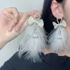 Brincos Estilo Fada com Pena Incrustada de Diamante Laço Franja de Pérola Super Fada Doce Feminino Elegante Brincos Elegantes para Mulheres