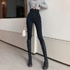 Calça Jeans Feminina de Cintura Super Alta com Três Botões, Calça de Pernas Apertadas, Celebrante Cyber, Preto Cinza, Stretch, Moda, Skinny, Lápis, Cropped