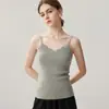 Camisola sem mangas de cashmere de fio único calibre 12 para mulheres, decote em V com renda, alças finas, para usar em camadas, Lançamento Outono/Inverno