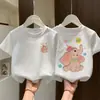 Camiseta de Verão Infantil de Manga Curta em Algodão Puro com Estampa de Elefante de Desenho Animado Novo Estilo Moda Bonita Blusa de Meia Manga para Meninos e Meninas