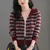 2026 Primavera/Otoño Nuevo Bloque de Color Adelgazante Cubre Imperfecciones Elegante Versátil Chaqueta Capa Base de Punto Rayada con Capucha para Mujer
