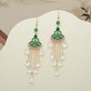 Nuevos Pendientes Largos con Borlas Antiguas de Cuentas Chinoiserie Accesorios de la Dinastía Han Chinoiserie Pendientes de Abanico de Flores con Lazo