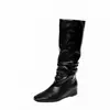 Botas de Caballero Apiladas con Tacón Oculto Plisadas Estilo Coreano Sensación Holgada Punta Cuadrada Piel Genuina Tacón Medio Caña Alta Largas para Mujer Otoño/Invierno 2026