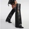 Botas de Mujer de Estilo Europeo y Americano, Puntiagudas, de Tacón Alto, Hasta la Rodilla, con Hebilla Metálica y Adorno Estilo Falda, Botas de Moda con Tacones Ultraltos