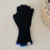 Guantes de Punto Mezcla de Lana con Borde Contrastante Invierno a Prueba de Frío Terciopelo de Conejo Lana Dedos Divididos Muñeca Larga y Ancha
