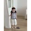 Roupas de Bebê Meninas Novo Conjunto de Verão Colete Xadrez Alcinha Camisa Boneca Calça Cropped Conjunto de Três Peças Conjunto para Bebê Menina