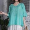 Blusa Bordada Estilo Étnico 2024 Verão Novo Estilo Seda e Linho Bordado Estilo Étnico Feminino Solto Casual