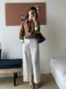 Imprescindible de Otoño Yin HeMarrón Caramelo ItalianoLino Camisa Recta de Hombro Rígido Adelgazante para Mujer 2608
