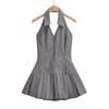 Vestido American Hot Girl Halter Cuello V Rayado Cintura Baja Falda Plisada Verano Nuevo Ajustado Delgado Espalda Descubierta