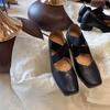 Zapatos Retro de Abuela de Piel de Vaca Punta Cuadrada Boca Baja Tacón Grueso Zapatos de Ballet Banda Elástica de Primavera Zapatos Casuales con Tira Cruzada