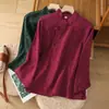 2026 Novo Tiro Real Outono Literário Retrô Slim Fit Gola Oblíqua Botão de Rã Chinês Algodão Linho Jacquard Top Roupas para Cerimônia do Chá