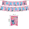 Decoraciones de fiesta transfronterizas con temática del personaje Stitch rosa, que incluyen una pancarta de cumpleaños infantil, un adorno para pastel y un juego de globos