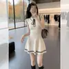Vestido de malha de seda gelada coreano para mulheres, conjunto chique estilo francês de verão, elegante e bonito, deslumbrantemente lindo, estilo universitário