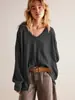Sudadera Casual de Waffle con Cuello en V y Mangas Off-Shoulder, Marca de Moda Amazon, Estilo Deportivo Perezoso Europeo y Americano, Tops Sueltos para Otoño e Invierno