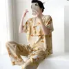 Chegada Nova Pijama Feminino Verão Fino Estampado Manga Curta Calça Conjunto Primavera e Outono Algodão Seda Estilo Coreano Tamanho Grande Solto Roupas de Casa