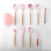 En stock transfronterizo Mango de haya con cubo de almacenamiento Rosa Juego de utensilios de cocina de silicona Nueva serie de colores Juego de 11 piezas