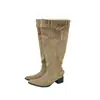 Botas por Encima de la Rodilla para Mujer Otoño e Invierno 2025 Botas de Ante Caqui de Punta para Mujer Tacón Grueso Look Adelgazante Botas Plisadas