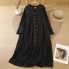 Vestido largo de algodón y lino de corte holgado con escote en V, elegante, artístico, abierto al frente y de manga larga para mujer, nuevo para principios de otoño de 2026