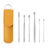 Estuche de Cuero para Recogedor de Oídos Juego de 6 Piezas Limpiador de Oídos de Resorte Espiral Herramienta para Cavar Orejas Juego de Seis Piezas Cuchara para Oídos