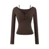 Camiseta de Manga Longa Falsa Duas Peças com Renda para Mulheres Verão Sexy Ajustada Torção no Peito Camisa Base Estilo Gola V Profunda