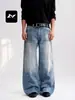 Jeans retro americanos azul lavado para hombre y mujer, corte holgado, diseño de retazos, efecto bigote, acabado desgastado, pantalones casuales de pierna recta ancha