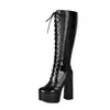 Botas de salto alto plus size para outono e inverno com bico redondo e plataforma impermeável, botas femininas de couro patenteado para exportação, botas de moda femininas versáteis de salto ultralongo e cor sólida