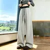 Pantalones casuales de punto a rayas beige y gris estilo americano para mujer, corte holgado y relajado, con una caída favorecedora, efecto adelgazante, versátiles pantalones largos de pierna ancha y recta