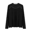 PersonalizaçãoBlusa básica feminina com gola semi-alta e detalhes em renda, Outono/Inverno, manga longa com strass, gola com babados