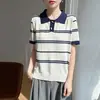 Estilo nuevo de primavera y verano, seda helada, cuello camisero, botones de cuerno, tejido, elegante, bloques de color, a rayas, corte holgado, top con mangas de tres cuartos para mujer