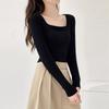 Camiseta de manga larga con cuello cuadrado negro estilo deseo puro para mujer, otoño, nuevo, sexy, cintura ajustada, clavícula, top corto interior