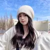 Gorro de Lana Tejido para Otoño e Invierno para Mujer con Borde Enrollado y Cordón, Circunferencia de Cabeza Grande, Cara Pequeña, Gorro Versátil de Felpa Estilo Coreano